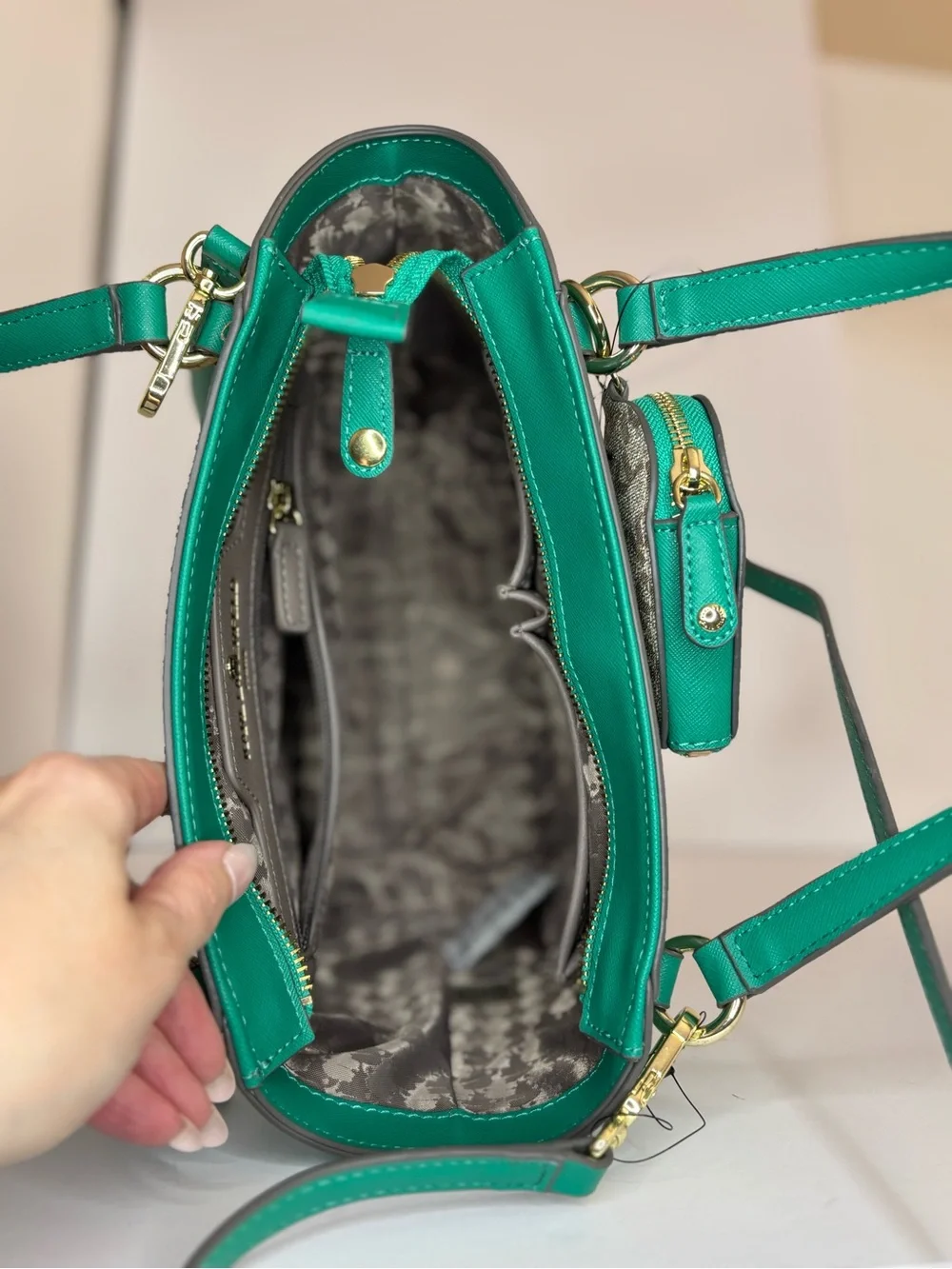 Karl Lagerfeld Teal and Beige Logo-Panel Satchel with Heart Charm